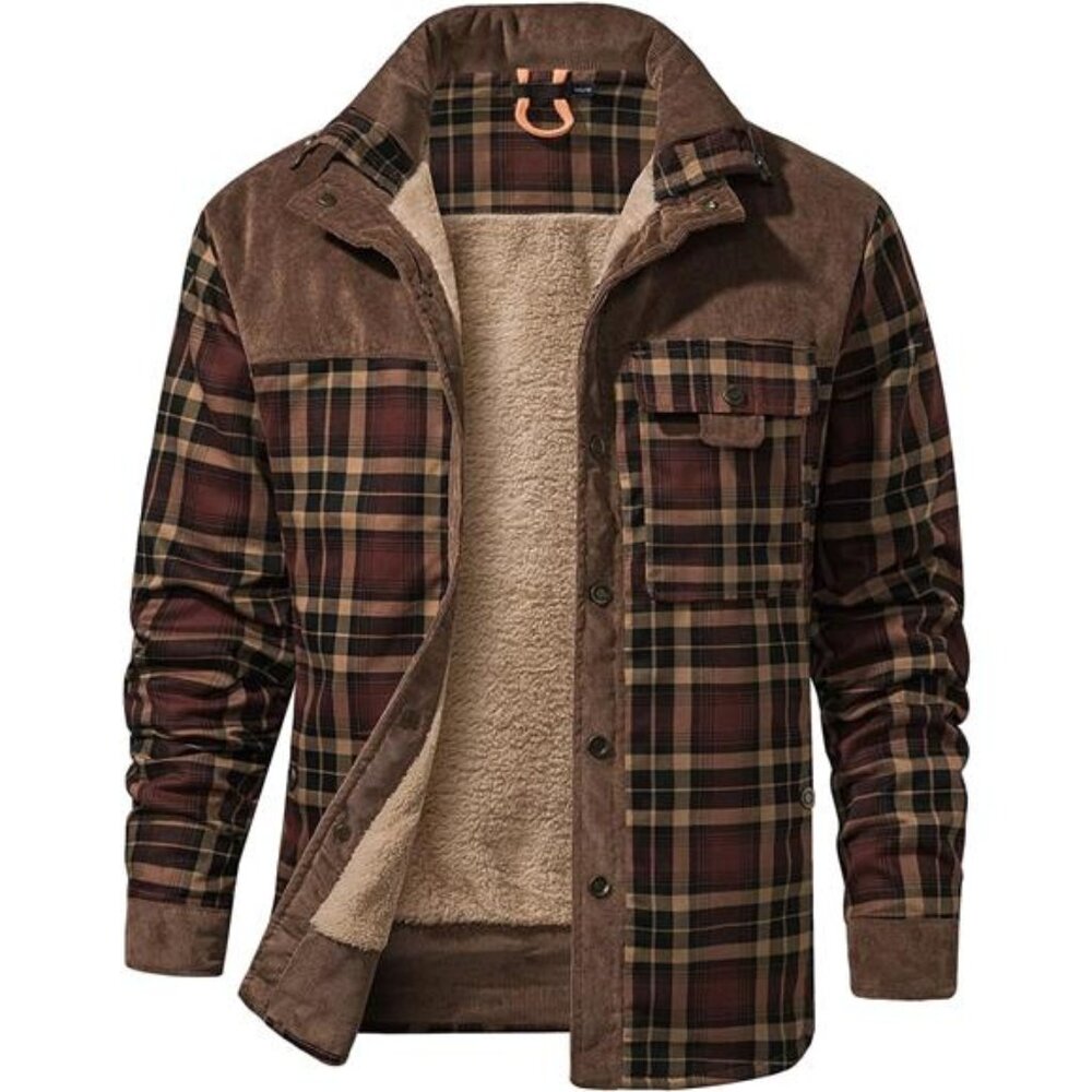 Men's Long Sleeve Sherpa Lined Shirt Jacket Flannel Plaid Fleece Coats
